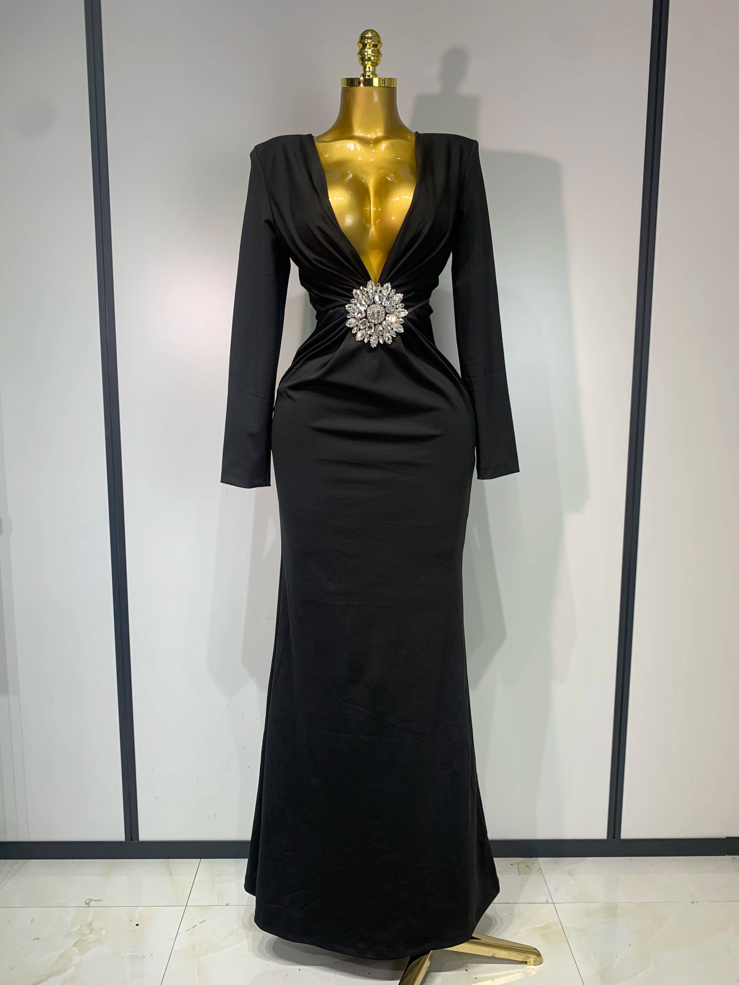 Women Long Sleeve Deep V-Neck Bodycon Long Dress Elegant Evening Party Club Celebrate Cocktail Outfit Luxuru Birthday Dress