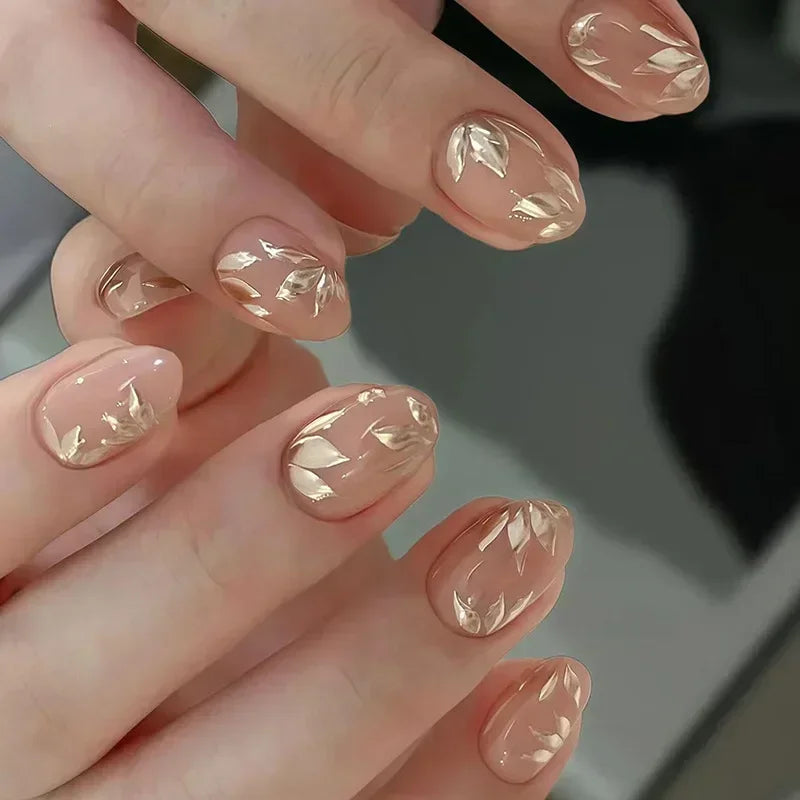 24Pcs Autumn Winter Matte Almond False Nails with Glue Rose Leaf Printing Nail Art Simple Full Cover Press on Acrylic Nails Tips
