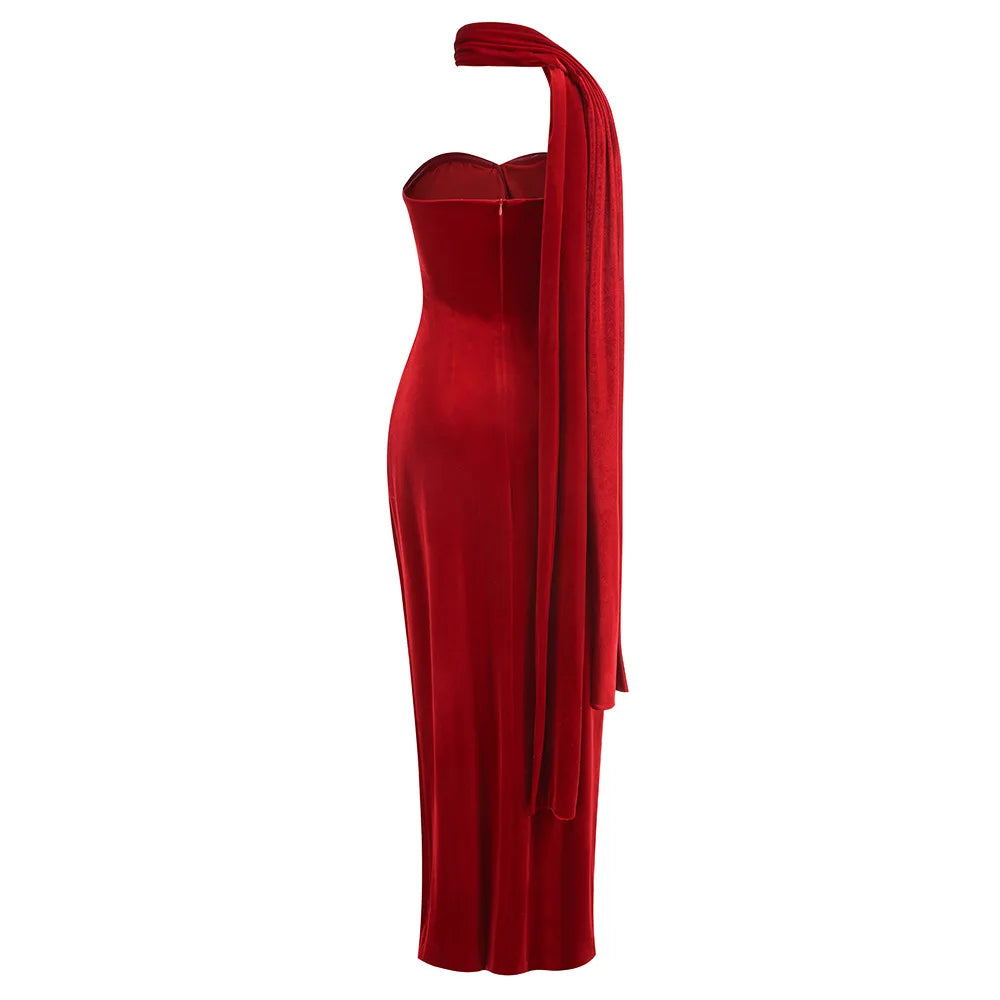 Red Color Women Sexy Strapless High Split Velvet Bodycon Long Dress Celebrate Fashion Mermaid Cocktail Party Outfit