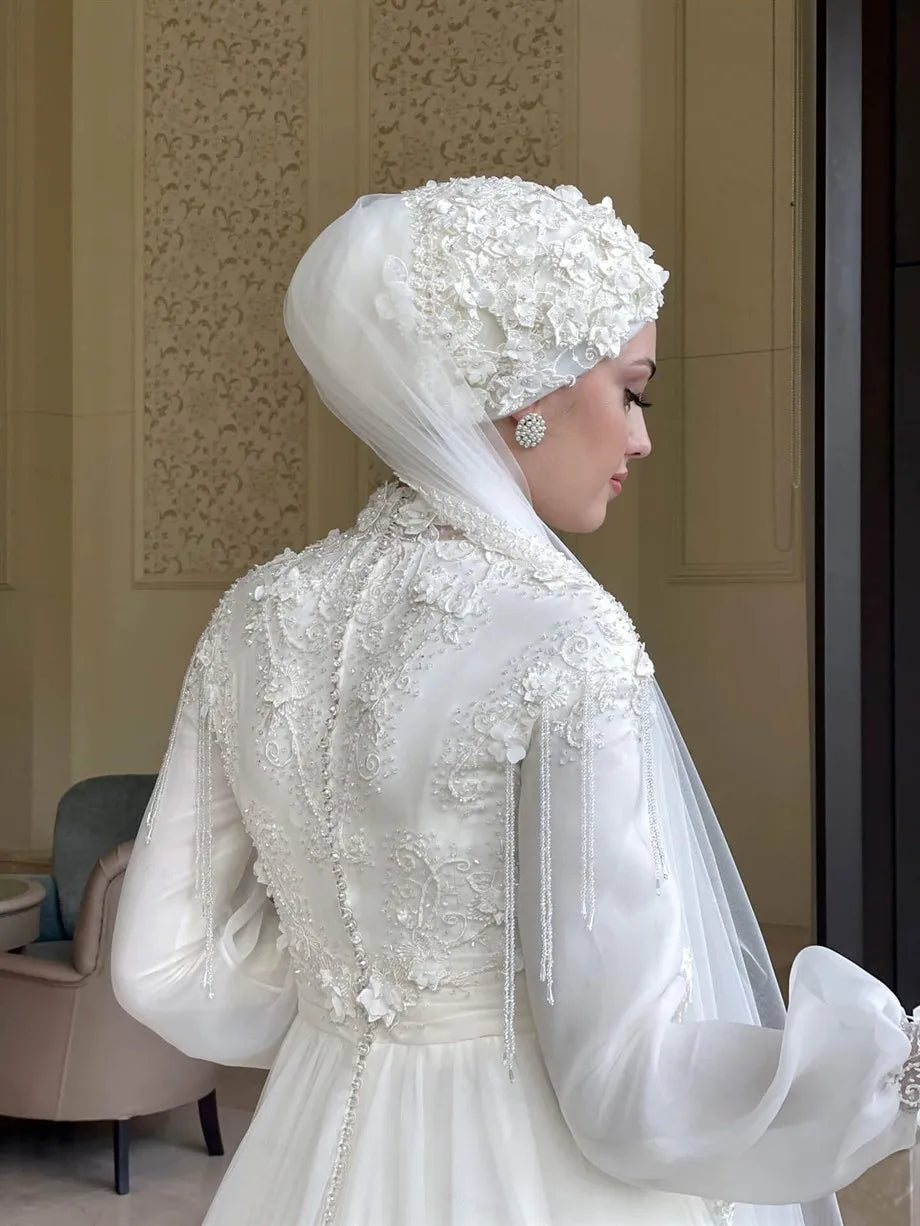 Muslimisches Hochzeitskleid für Braut Spitze A-Linie Arabisch Dubai Langarmes Hijab Islamische Hochzeitskleid Schleier Robe de Mariage