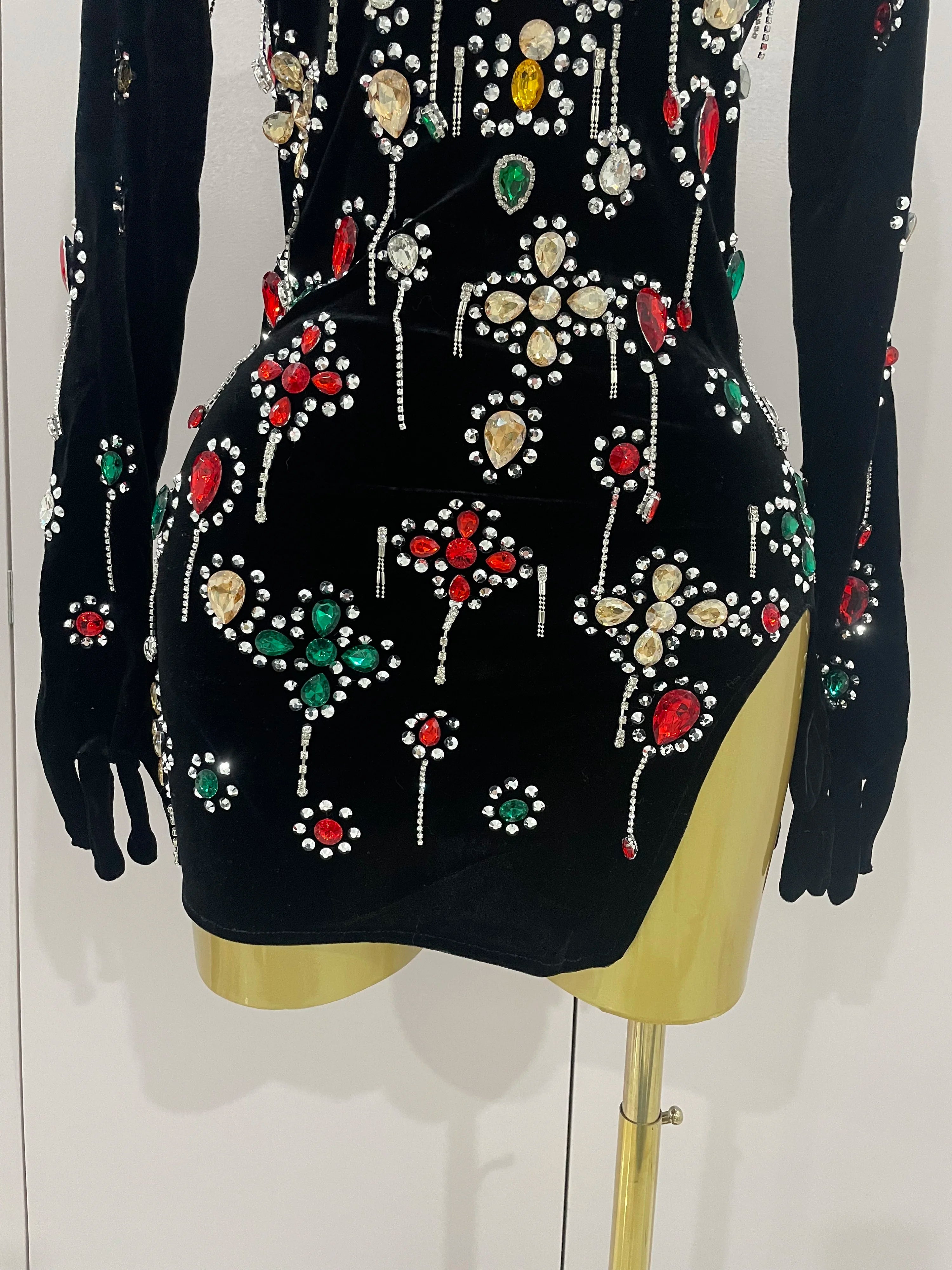 Sexy Sparkle Multicolor Rhinestones Black Velvet Gloves Slit Short Dress 2025New Women Evening Birthday Party Club Stage Costume