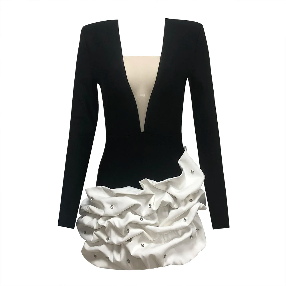 High Quality Black Color Women Long Sleeve Sexy V-Neck Bodycon Mini Bandage Dress Celebrate Evening Party Birthday Dress
