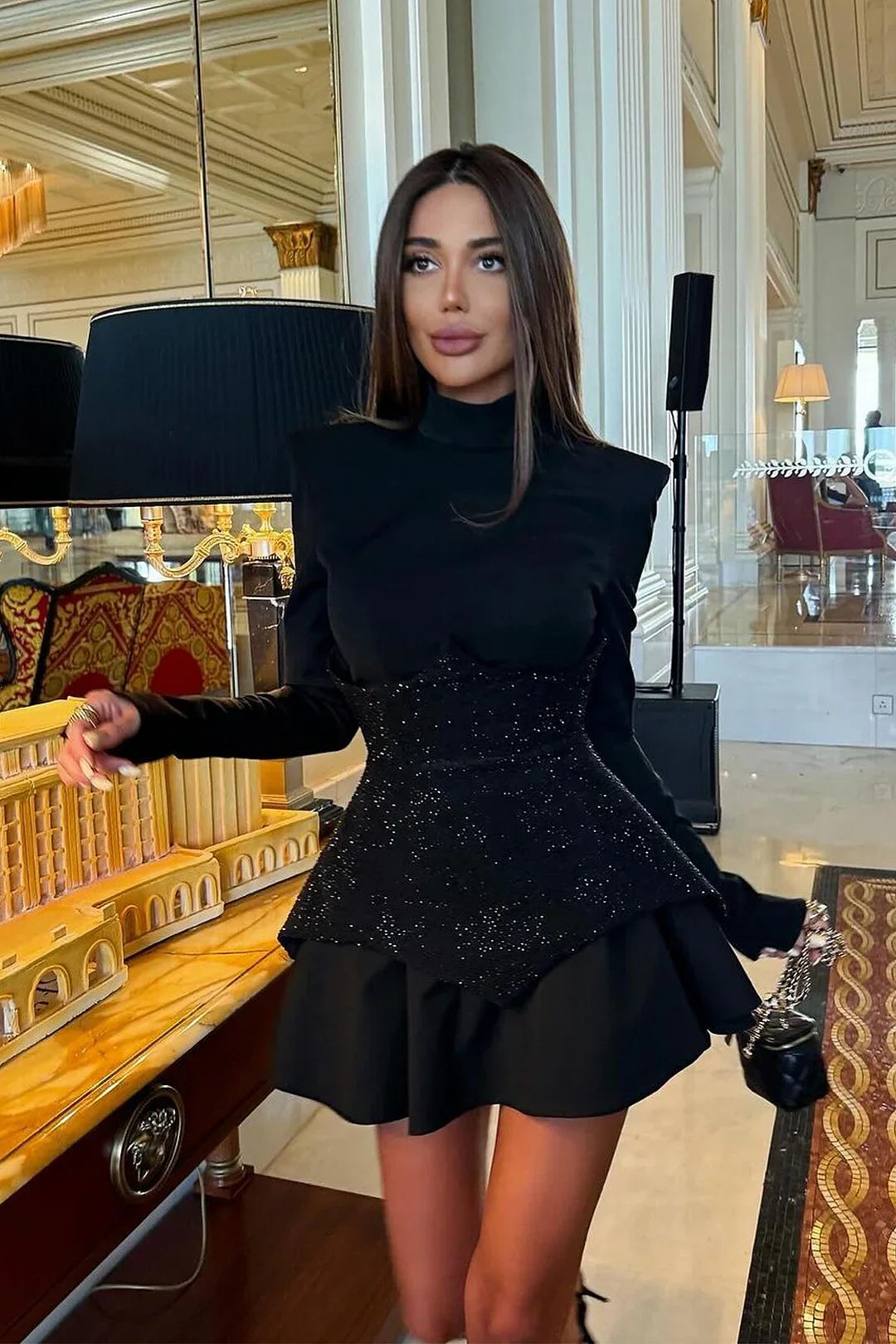 New Arrival Black Red Women Long Sleeve Shinning Rhinestones A-Line Mini Dress Christmas Nightclub Party Celebrate Dress
