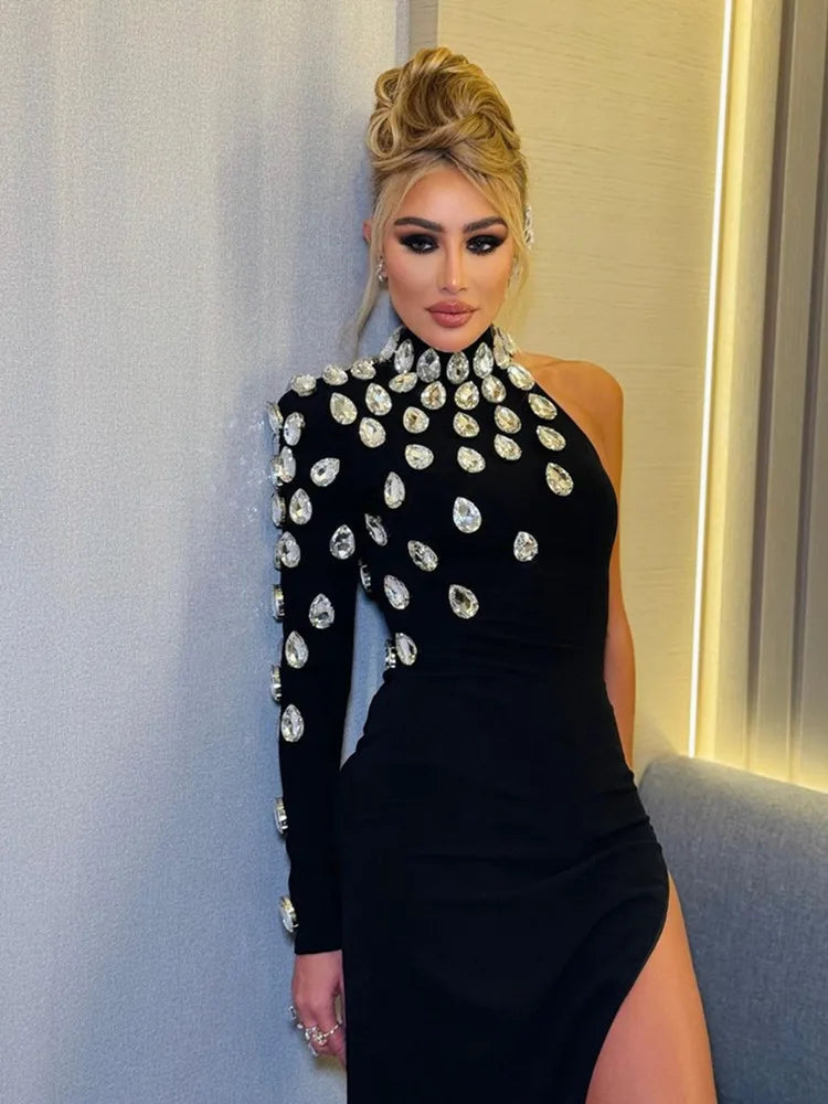 Women Celebrity Sexy Single Sleeve Rhinestone Black Maxi Long Bodycon Bandage Dress Elegant Evening Club Party Dress