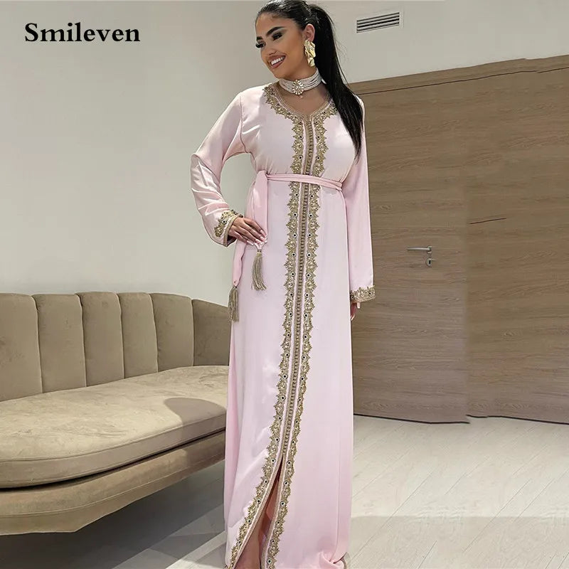 Pink Chiffon Moroccan caftan Evening Dresse Long Sleevees Lace Special Occasion Dress Luxurious Crystal Party Gown