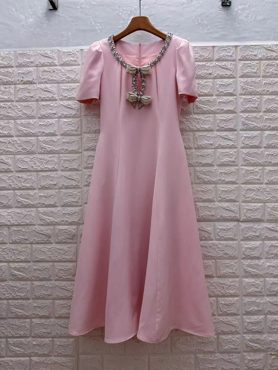 TWOTWINSTYLE Solid Slimming Spliced Bowknot Elegant Dresses for Women Round Neck Short Sleeves Patchwork Bead Dress Female New