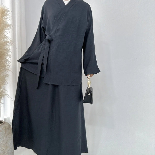 Fashion Modest Muslim Matching Set 2 Piece Dress Women Kimono Lace Up Tops Skirt Suit Dubai Turkey Kaftan Abaya Ramadan Outfits