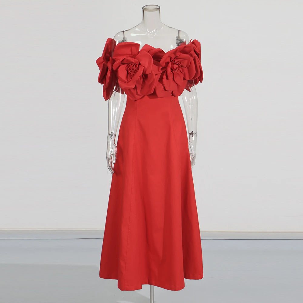 TWOTWINSTYLE Solid Slimming Elegant Dresses for Women Strapless Off Shoulder Patchwork 3D Flowers Fashion Dress Female Clothing