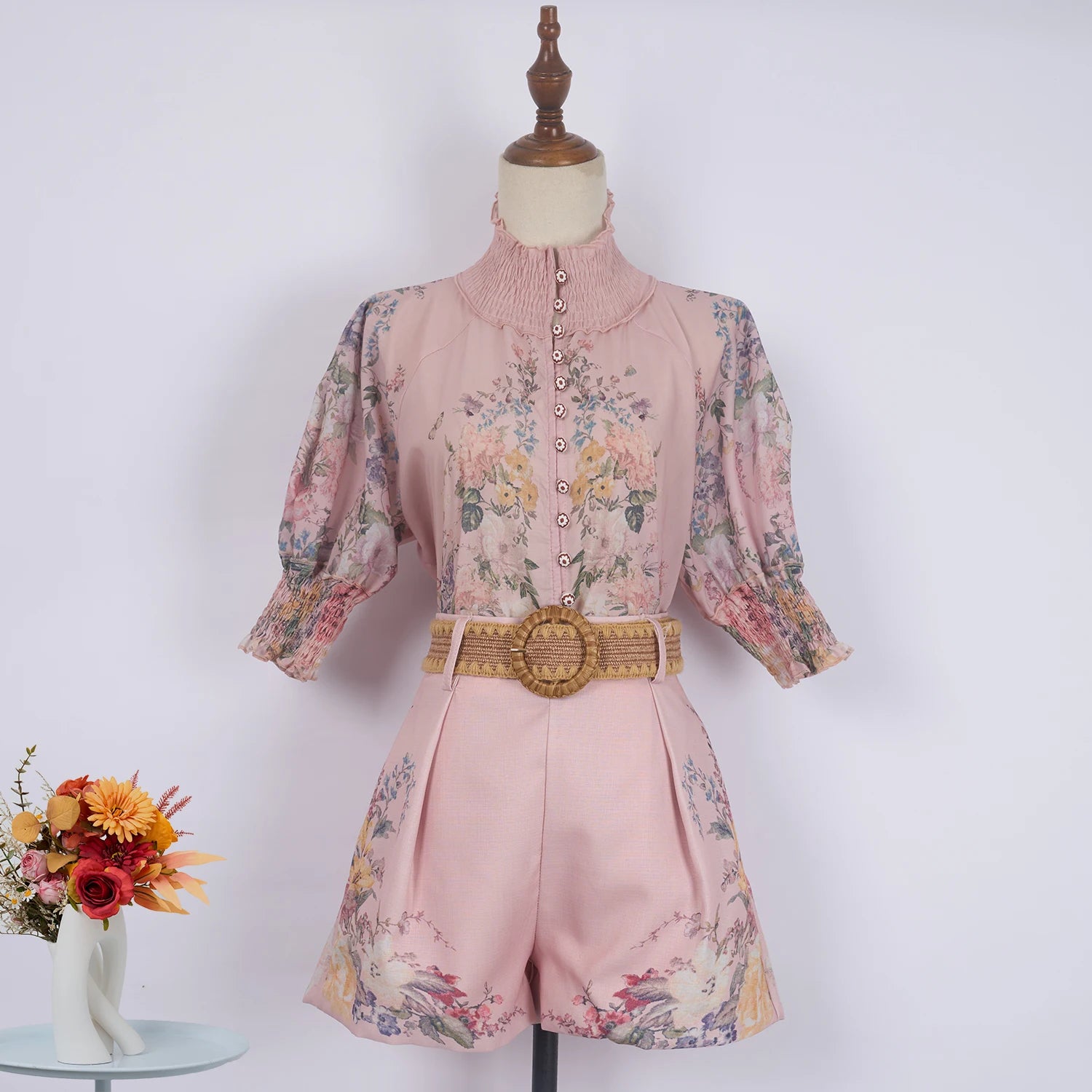 Shot Spot Australian Design Positioning Printing Single-Breasted Cotton and Linen High-End Puff Sleeve Shirt Shorts with Be