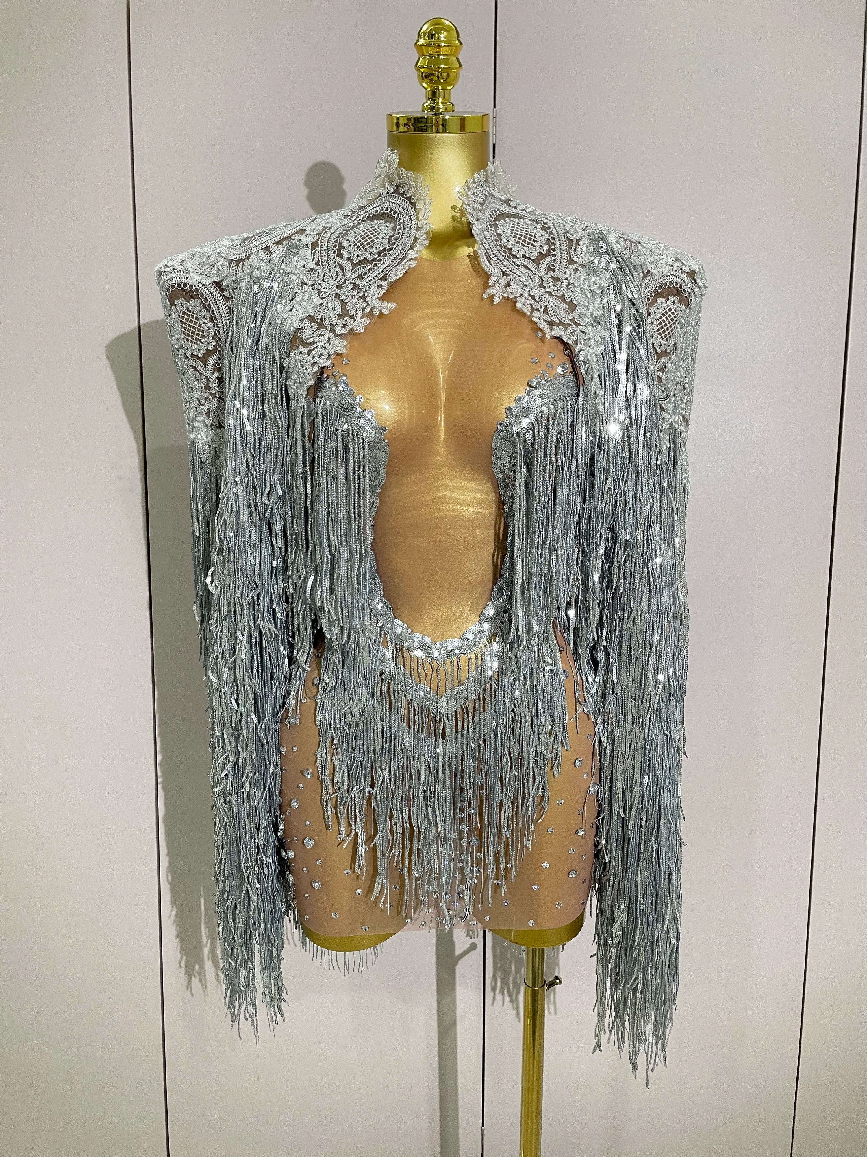 2025New Arrival Luxury Sparkly Rhinestone Sequin Tassel Coat Skirt 2Pcs Women Birthday Party Nightclub Stage Performance Costume