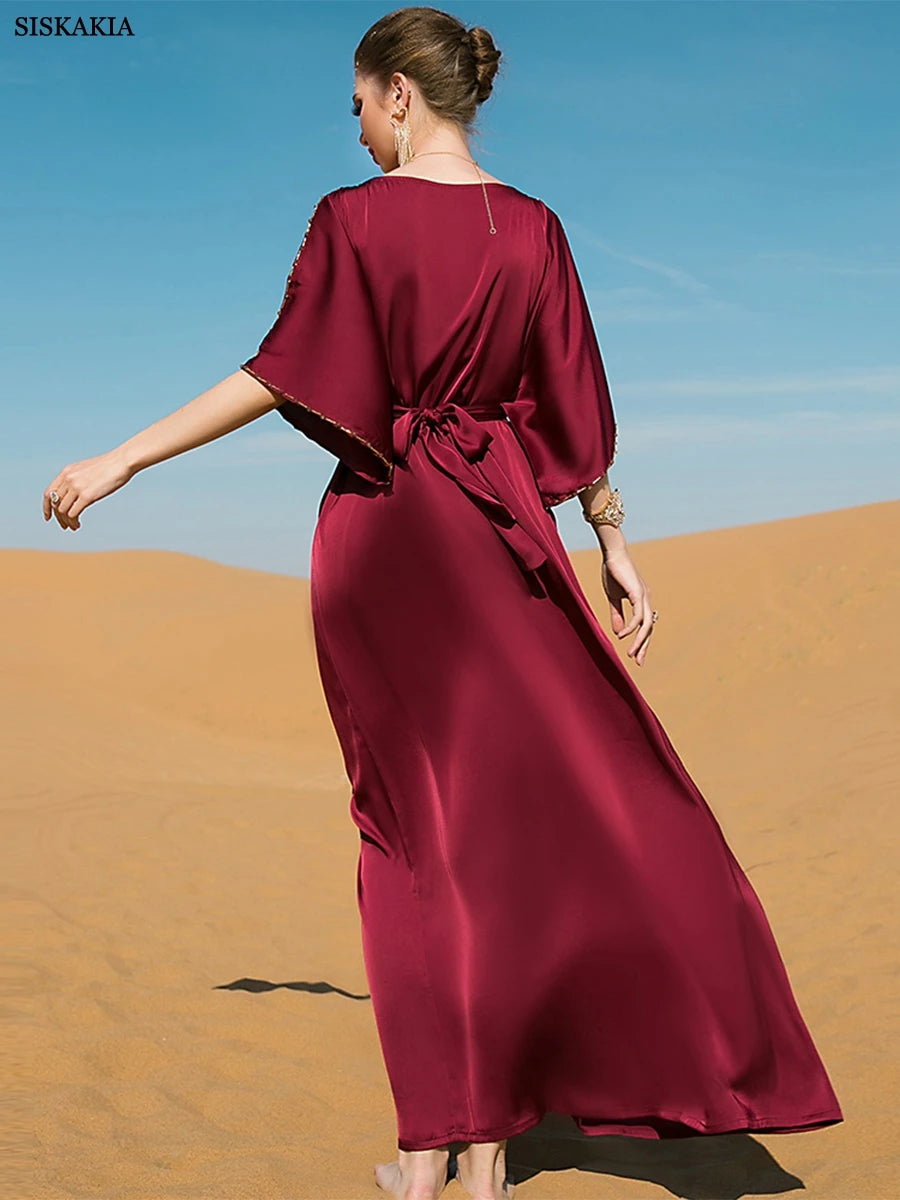Evening Party Dresses Handsewn Diamonds Off The Shoulders Belted Abayas Moroccan Saudi Women Kaftan Islamic Clothing