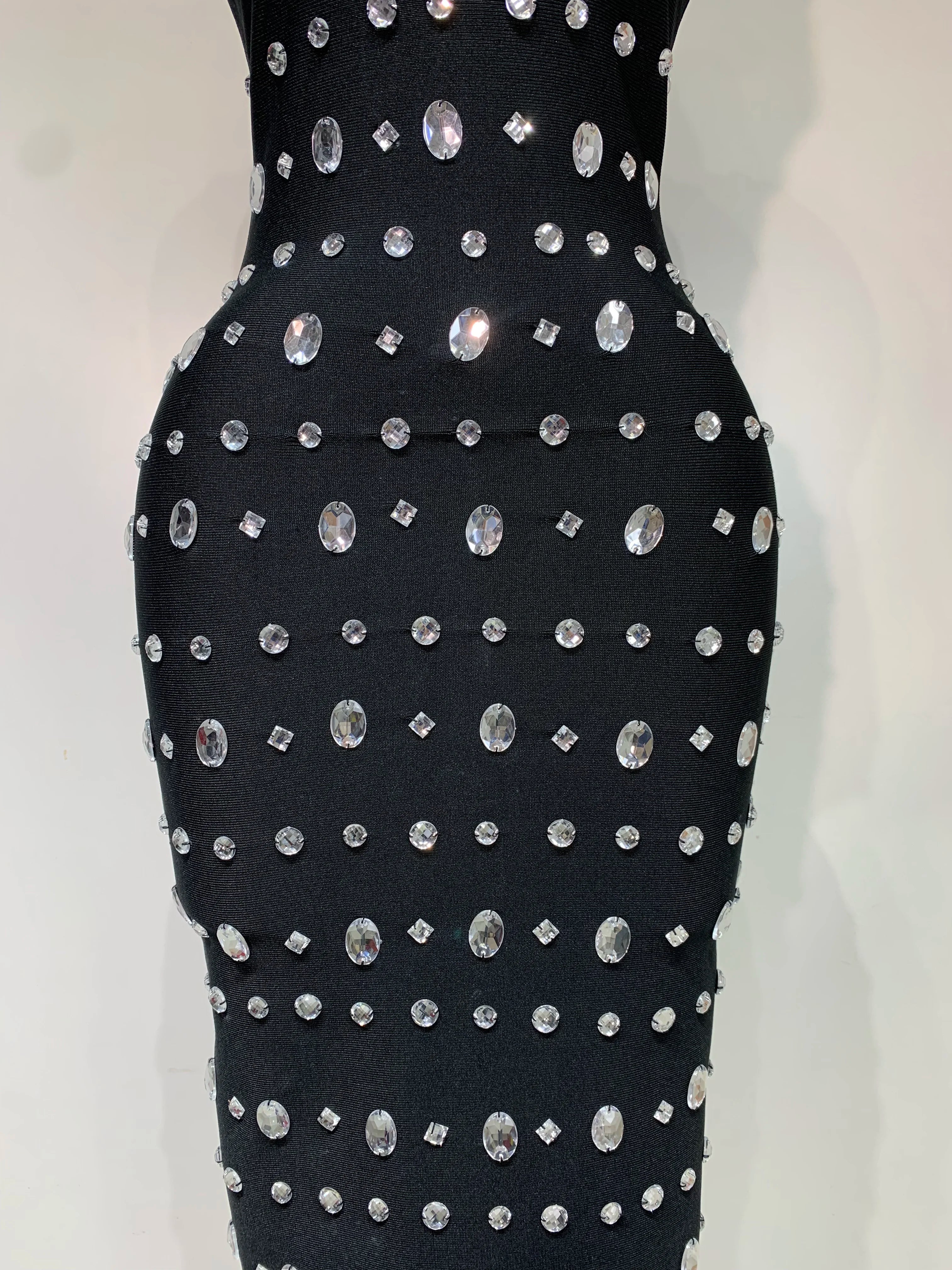 est 2025 Fashion Designer Women's Rhinestone Beaded Elastic Bodycon Bandage Maxi Long Dress Elegant Luxury Birthday Outfit