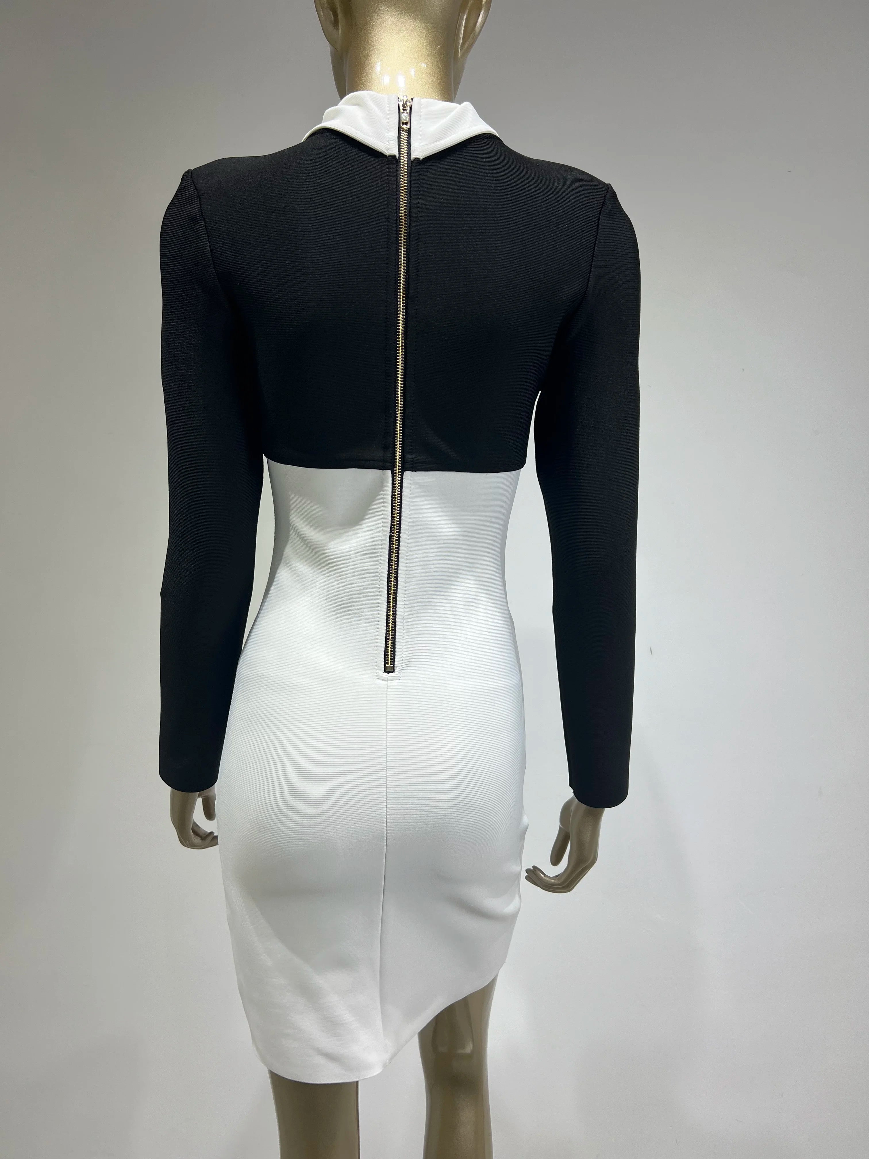 Women Celebrity Sexy Long Sleeve Patchwork Black White Button Mini Bodycon Bandage Dress Elegant Evening Club Party Dress
