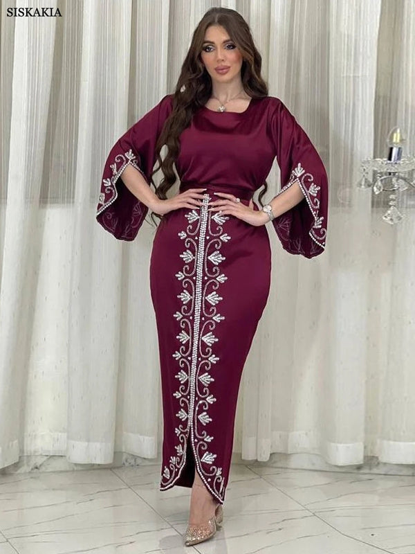 Dresses For Prom Kaftan Dubai Luxury Diamonds Formal Occasion Abaya Elegant Split Sleeve Ladies Long Wrap Dress With Belt