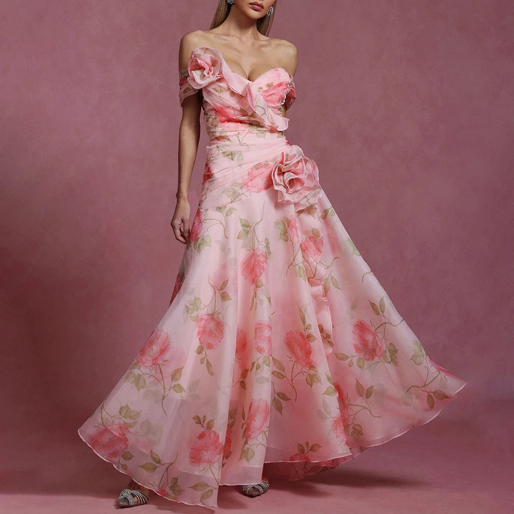 TWOTWINSTYLE Printing Spliced 3D Flower Elegant Dresses for Women Slash Neck Off Shoulder Patchwork Fungus Folds Dress Female