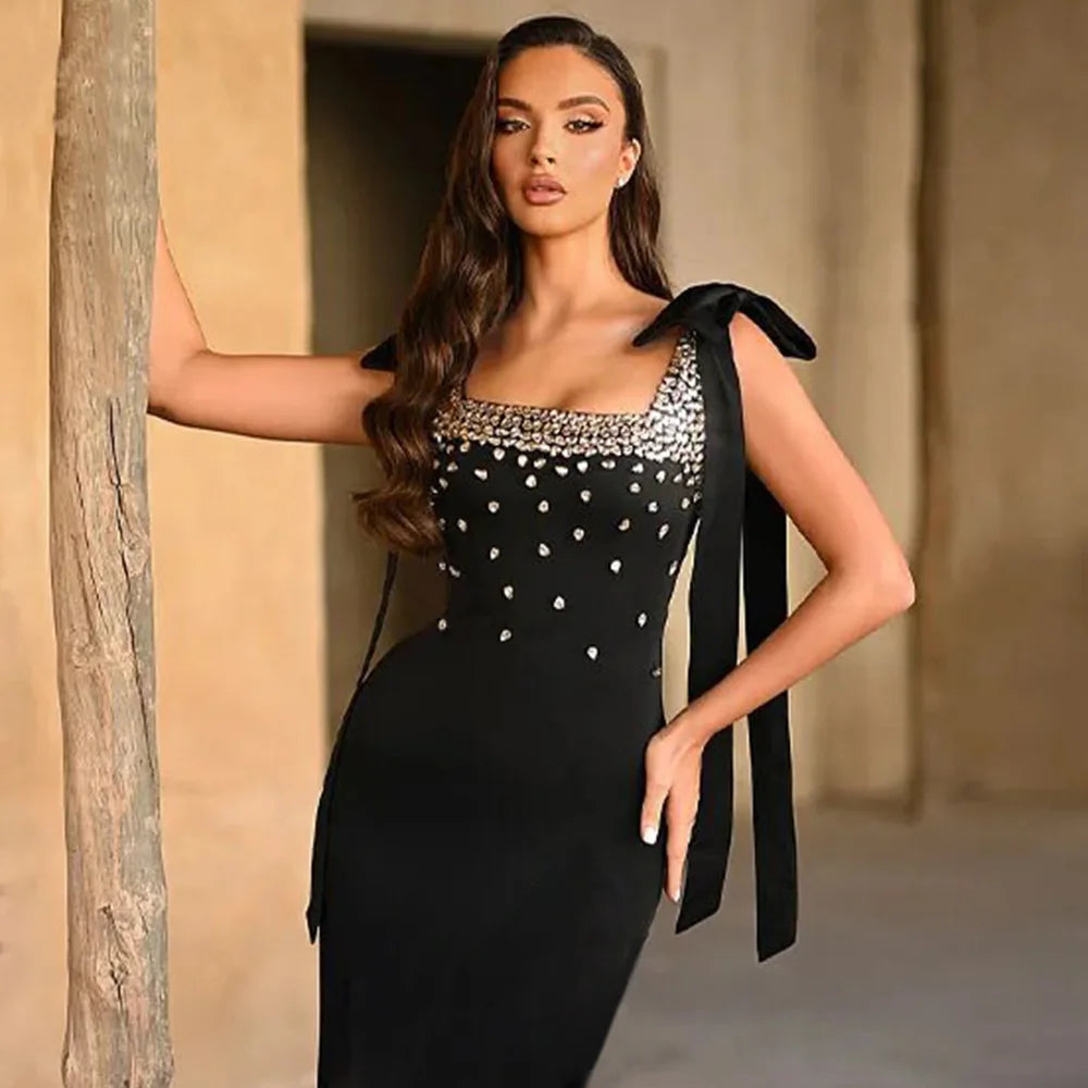 Women Celebrity Sexy Tank Diamonds Summer Black Mini Summer Bodycon Bandage Dress 2025 Elegant Evening Club Party Dress