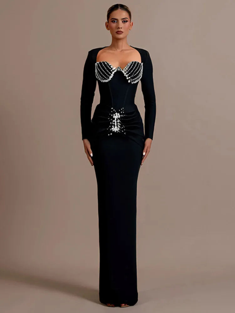 Women Celebrity Sexy Long Sleeve Beading Ruffles Black Maxi Long Bodycon Bandage Dress 2025 Elegant Evening Club Party Dress