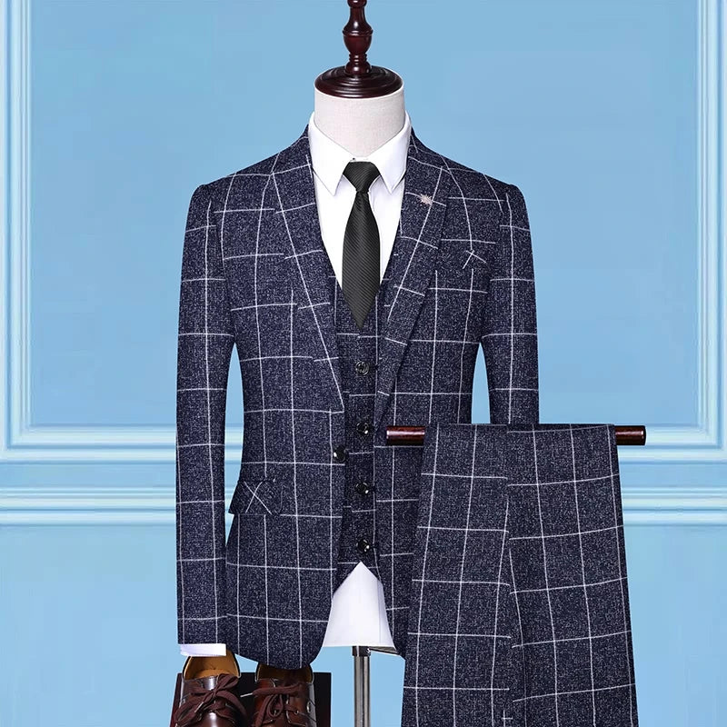 2023High-end boutique (suit + vest + trousers) new British wedding party trend slim-fitting dress casual formal three-piece suit Navy blue