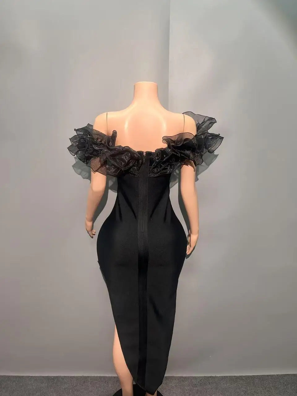 High Quality Women Slash Neck Ruffles Bodycon Bandage Mid-calf Dress Celebrate Nightclub Party Birthday Outfit Wholesale