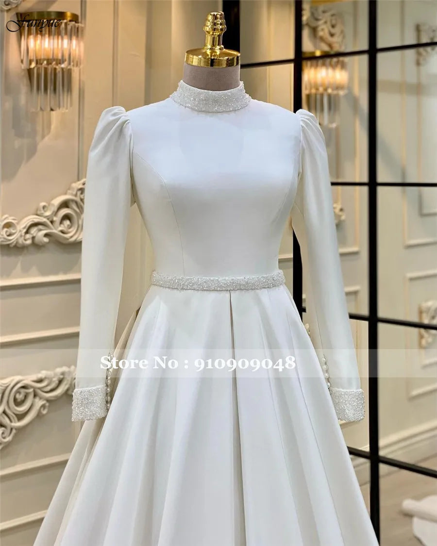 Elegant Ivory Satin High Neck Wedding Dresses Modest A-Line Long Sleeve Bridal Gowns For Bride Dubai suknia ślubna