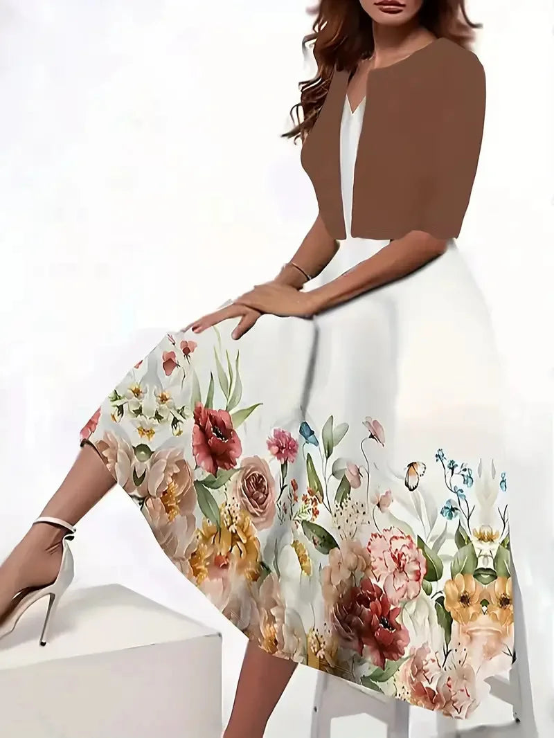 New for summer 2024! Eu-us Fall Women's 2 long Dress Set - floral and grass print crew neck dress with chiffon short coat