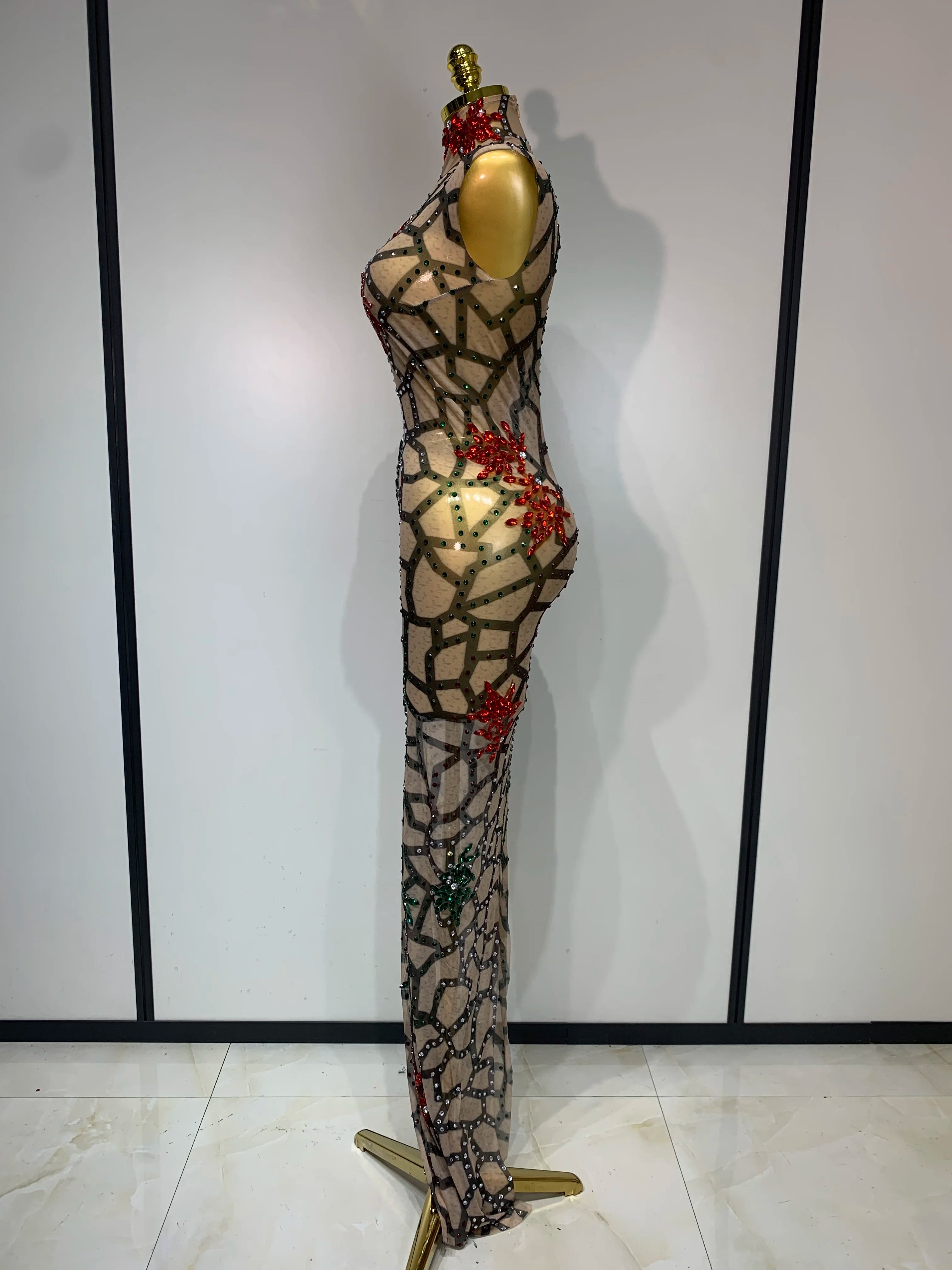 Women Sexy Mesh See Through Sparkly Rhinestone Long Maxi Dress Luxury Birthday Evening Party Prom Gowns Singer Stage Costume