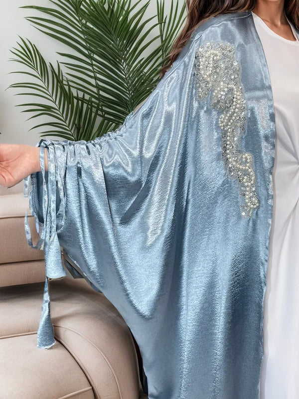 Elegant Women Muslim Satin Beading Open Abaya Kimono Long Maxi Dress Turkey Dubai Eid Party Kaftan Arabic Robe Morocco Jalabiya