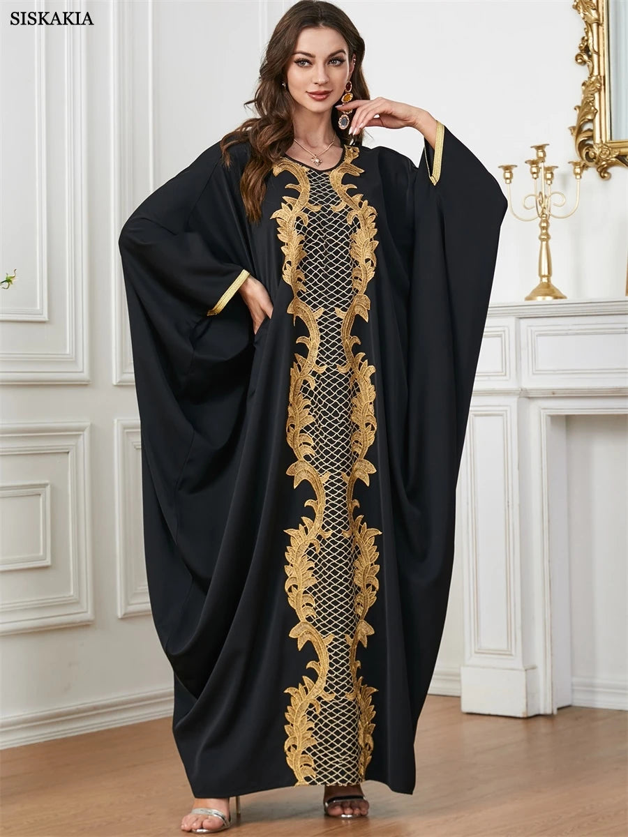 Black Batwing Sleeve Abayas Embroidery Casual Saudi African Women Dresses Moroccan Kaftan Islam Clothing Muslim Robe
