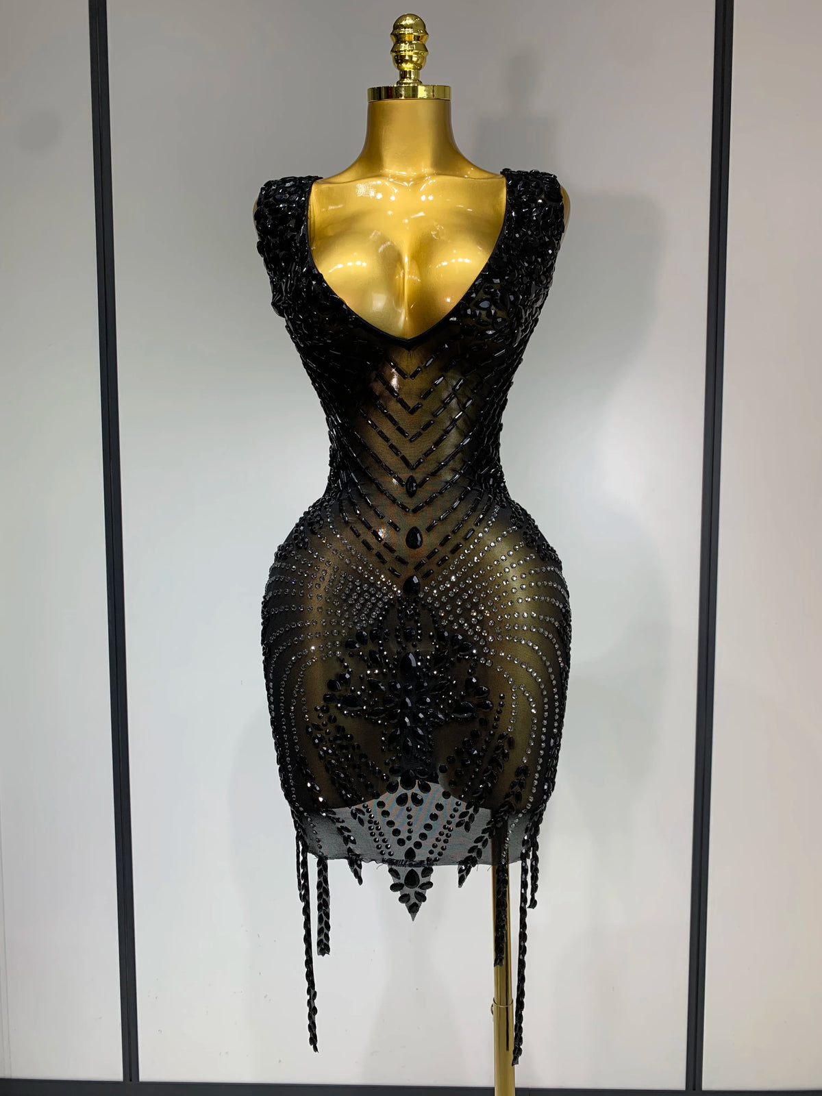 Women Sexy Stage Performance Outfit Sparkly Rhinestones Bodycon Dress Birthday Celebrate Evening Party Nightclub Mesh Dress
