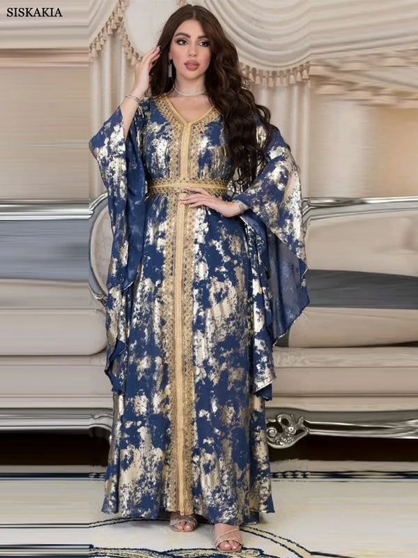 Luxurious Women's Jalabiyat Moroccan Kaftan Abaya Dubai Print V-Neck Guipure Lace Tape Belted Dress Islamic Dresses For Women
