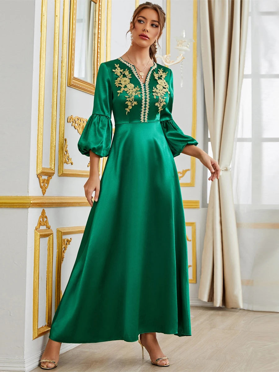 Fashion Satin Puff Sleeve Printing Solid Evening Party Dress Djellaba Moroccan Caftan For Women Elegant Islamic Outfits Green Dress