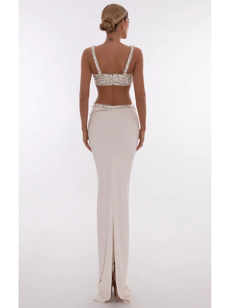Women Summer Celebrity Sexy Beading Split Maxi Long White Bandage Skirt Set 2024 Knitted Elegant Evening Club Party Clothing