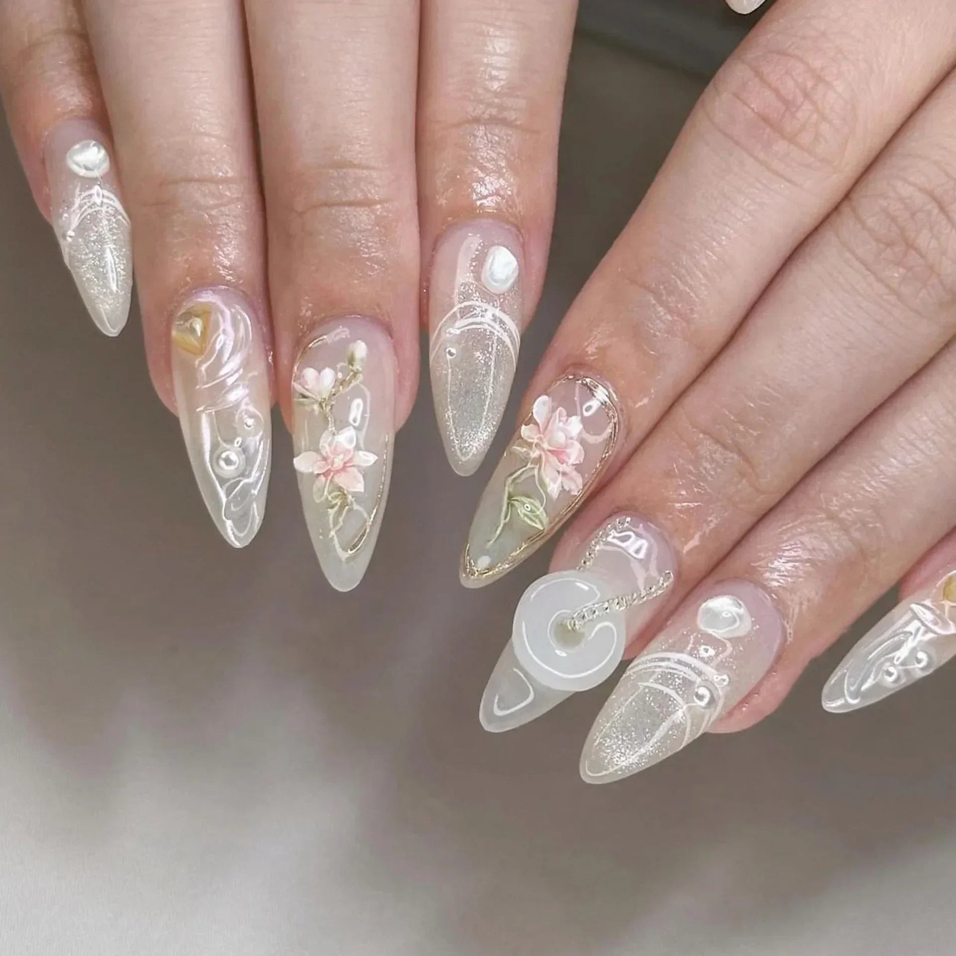 24Pcs Autumn Winter Matte Almond False Nails with Glue Rose Leaf Printing Nail Art Simple Full Cover Press on Acrylic Nails Tips