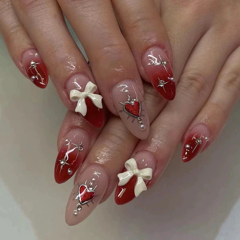 Artificial Press on Nails Tips Art 24Pcs Pink Almond False Nails Butterfly Ballet with French Design Wearable Fake Nails Simple