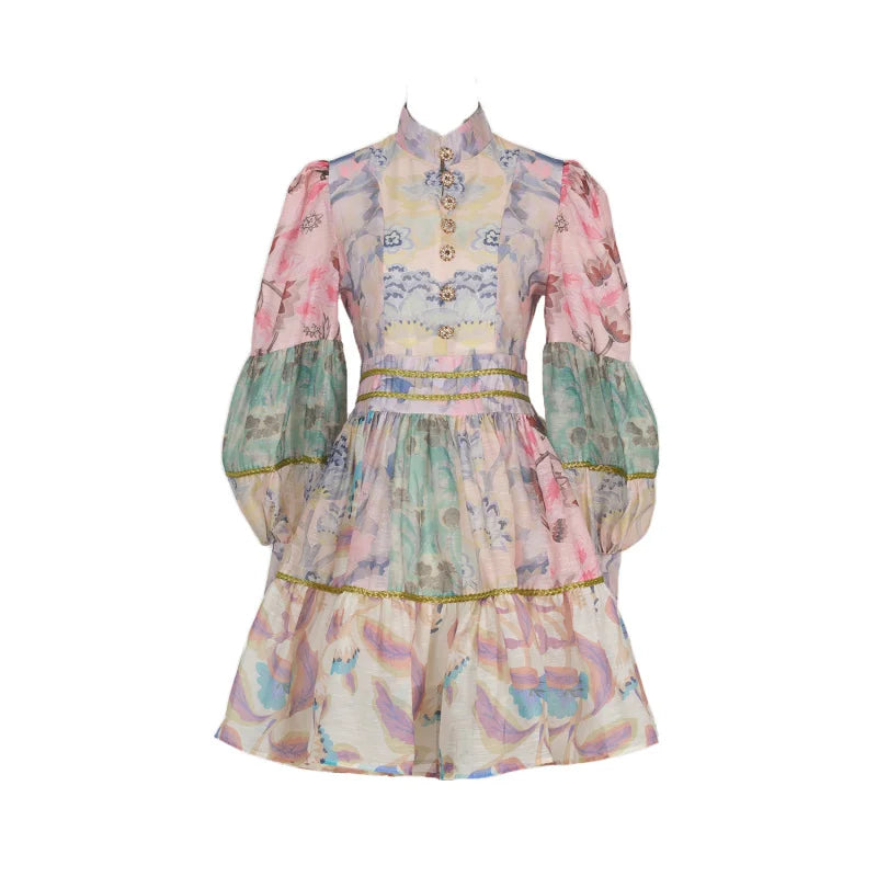 Fall Shot Spot Customized New Product Vintage Court Style Small Stand Collar Bubble Sleeve Waist-Tight Dress