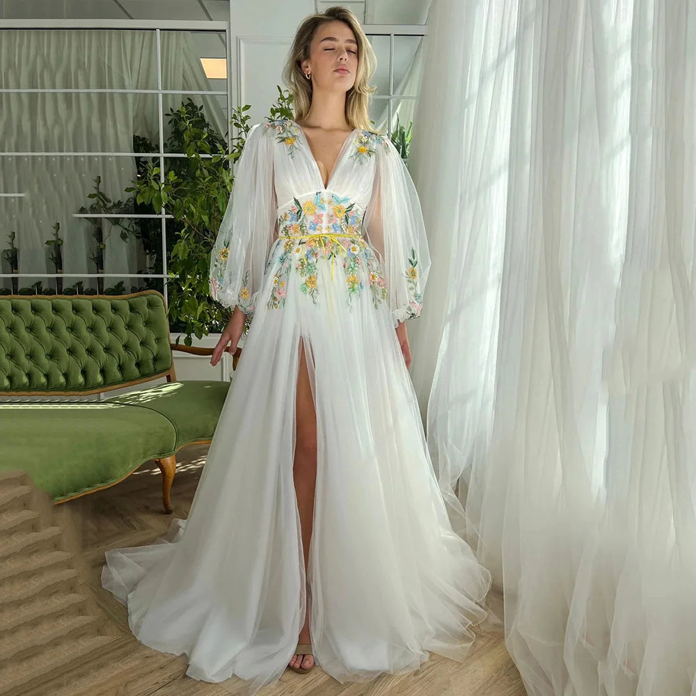 Fairy Boho Wedding Dresses Colorful Lace Embroidery Bride Dress Puff Long Sleeve Wedding Gowns V Neck Split Side Robe de mariee