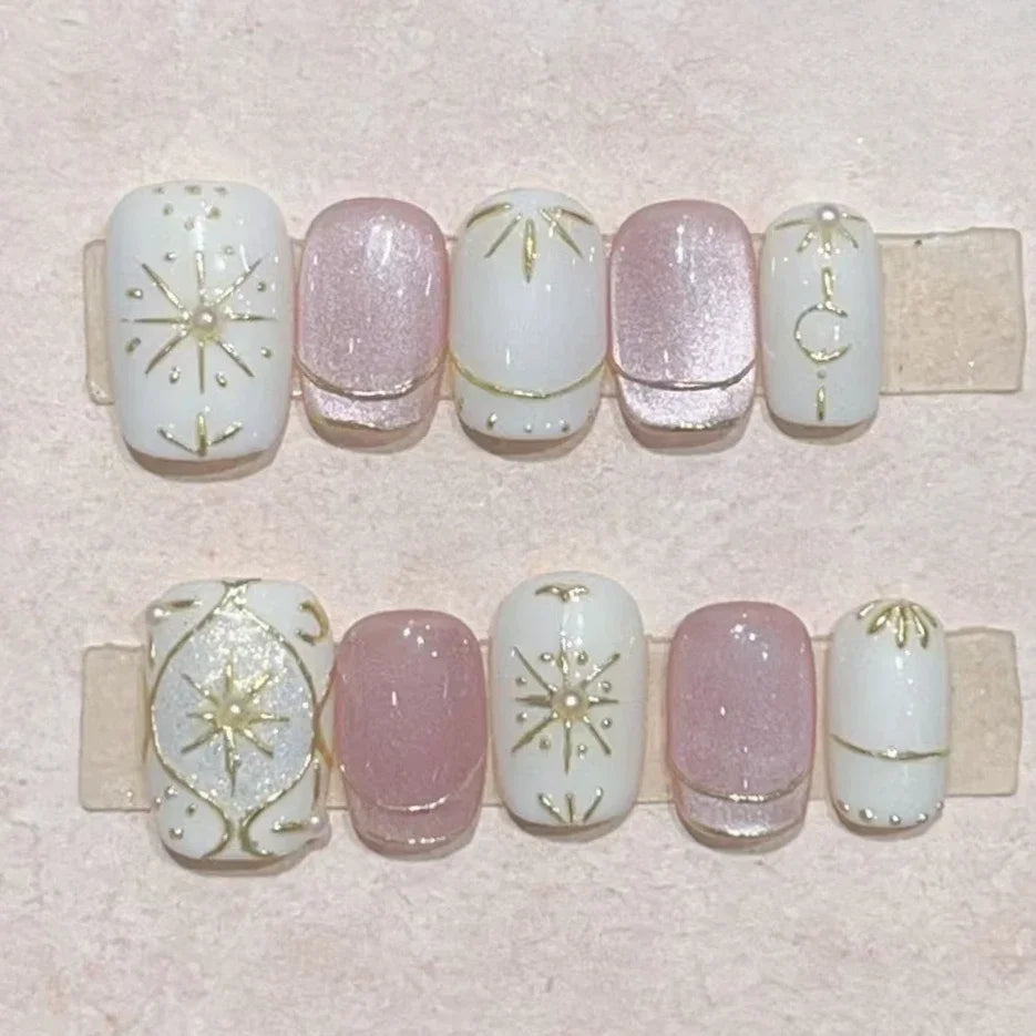 10Pcs Handmade Cute Blue Sweet Hand Drawn Nails Full Cover Cat Eye Design for Spice Girl Nails Short French Fashion Nails Patch