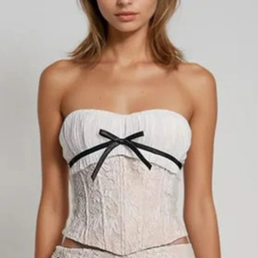 TWOTWINSTYLE Solid Slimming Two Piece Sets for Women Strapless Sleeveless Spliced Bow Top Patchwork Mesh Skirts Female Clothing