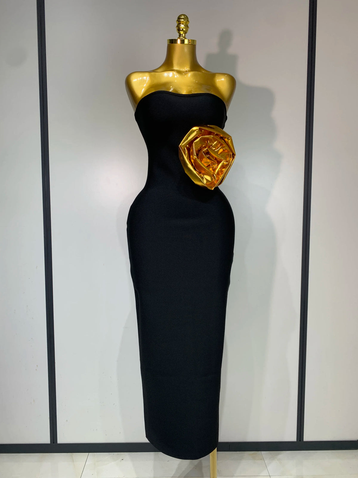 Women Luxury Bandage Bodycon Dress Designer Strapless Gold Appliques Ankle Length Elastic Celebrity Elegant Evening Party Gowns
