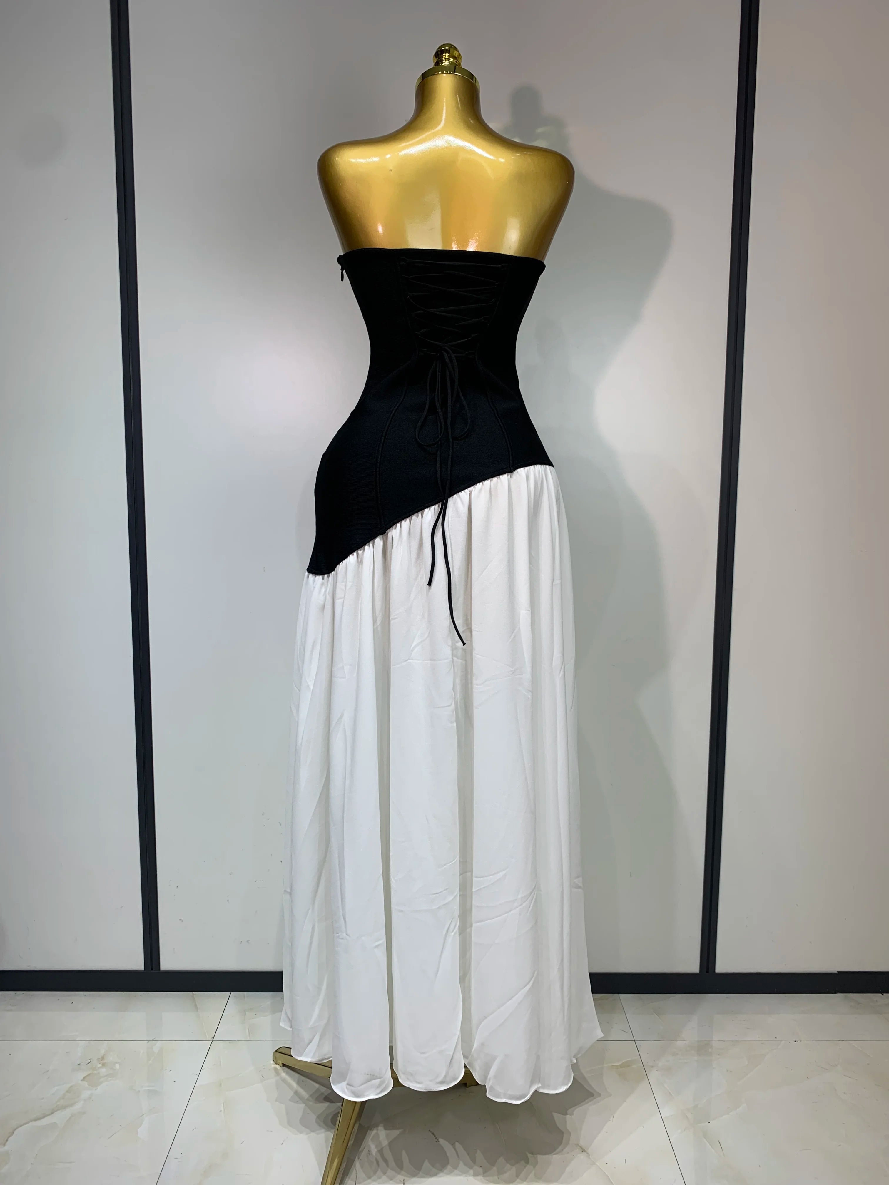 Sexy Strapless Backless Patchwork Maxi Long Bodycon Bandage Dress 2025 Celebrity  Elegant Evening Party Luxury Birthday Dress