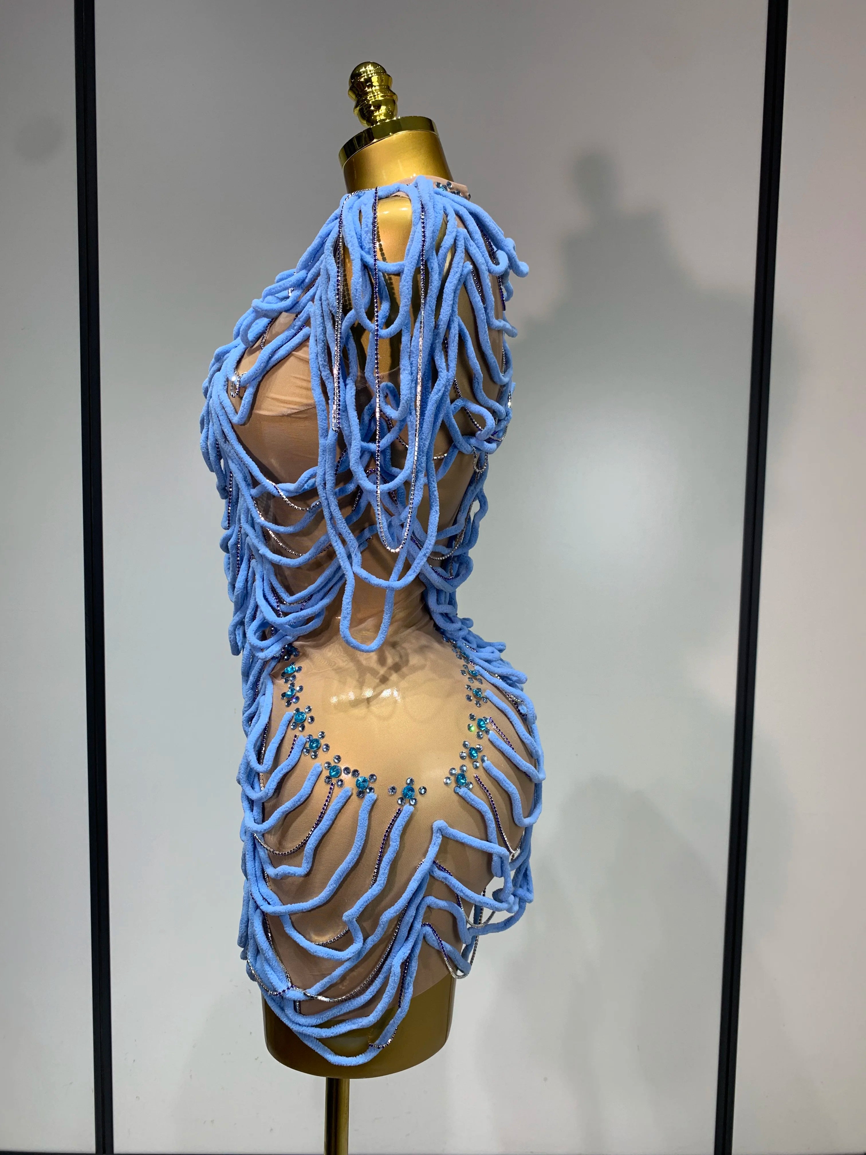Women Sexy Mesh See Through Sparkly Rhinestones Chain Stage Costume Nightclub Celebrate Evening Party Performance Outfit
