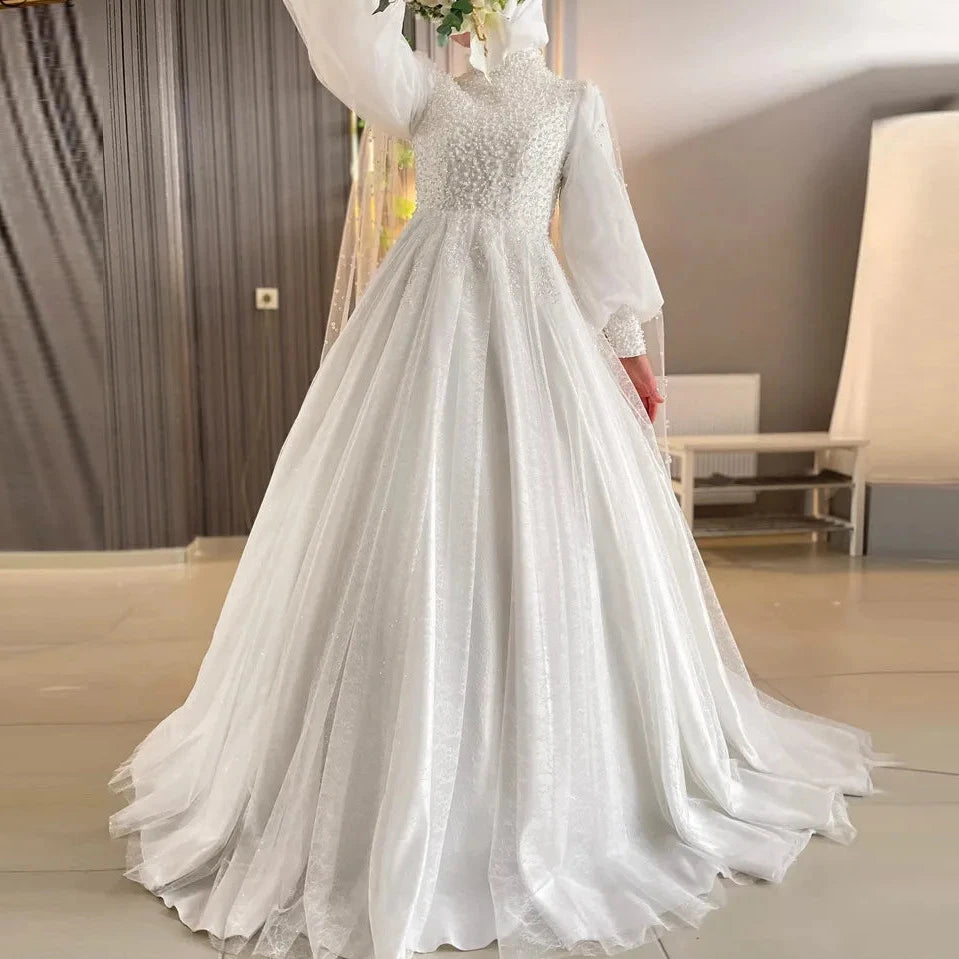 Muslimische Perlen Spitzen Luxus Brautkleider High Neck Arabisch Dubai Hijab Hochzeitskleid für Braut Langarm Roben de Mariéee