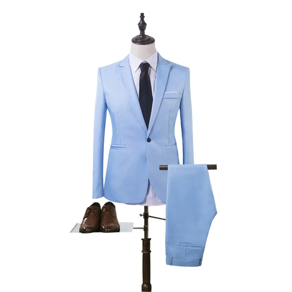 Men's Suits Formal Blazers Jacket Coat Pants Slim Business Suit Tuxedos Party Weddings Trousers Male Fashion Groom Tuxedos Suits Blue