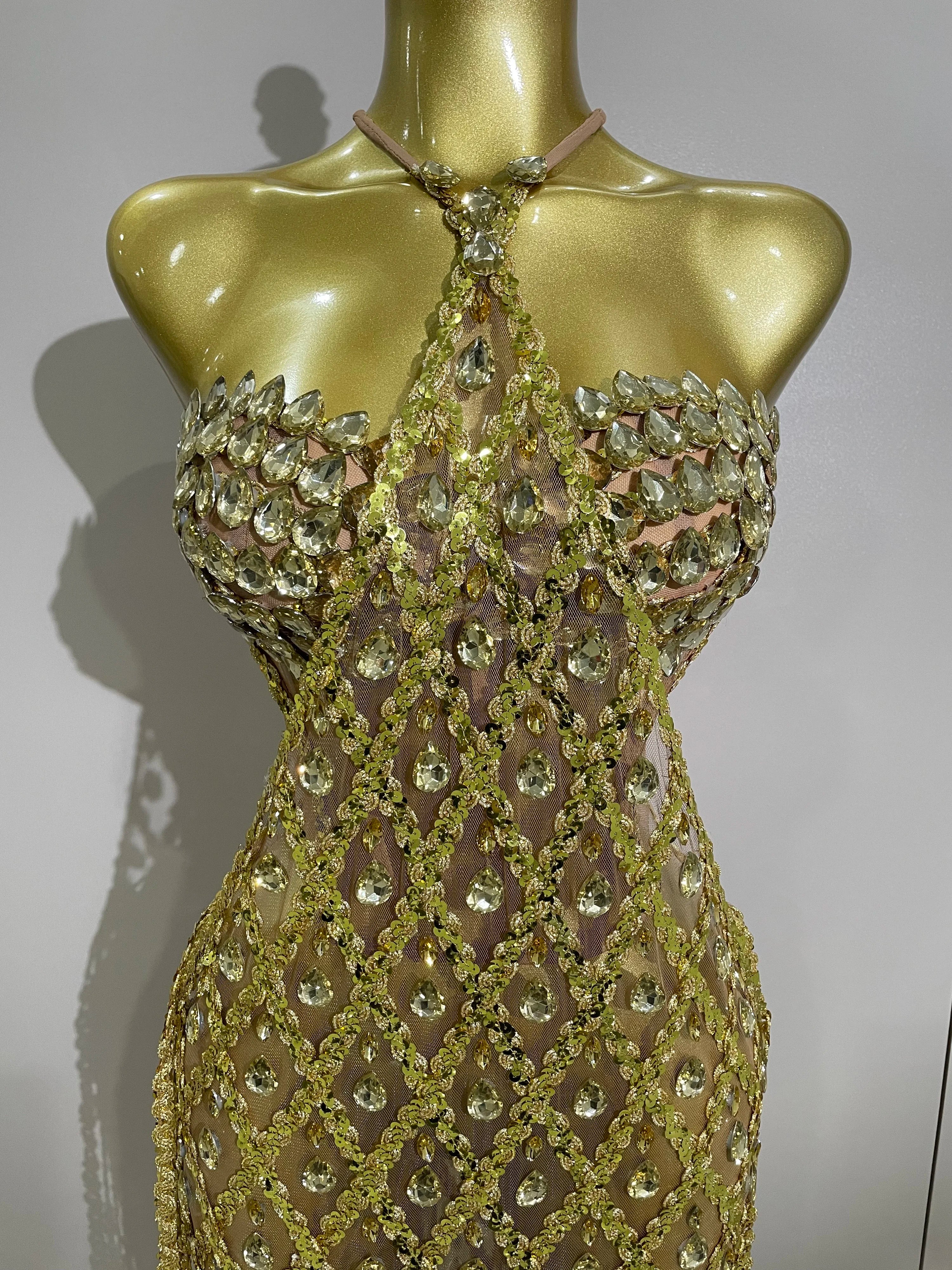 Stock Sexy Sparkly Gold Rhinestones Sleeveless Mesh Two Piece Long Dress 2025 Women Birthday Party Celebrate Prom Stage Costume