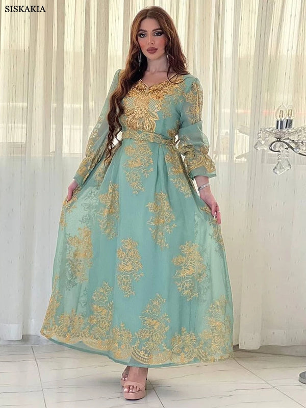 Muslim Evening Dress for Women Arab Dubai Moroccan Kaftan Chic Mesh Sequins Applique Embroidery Party Abaya Eid al-Adha