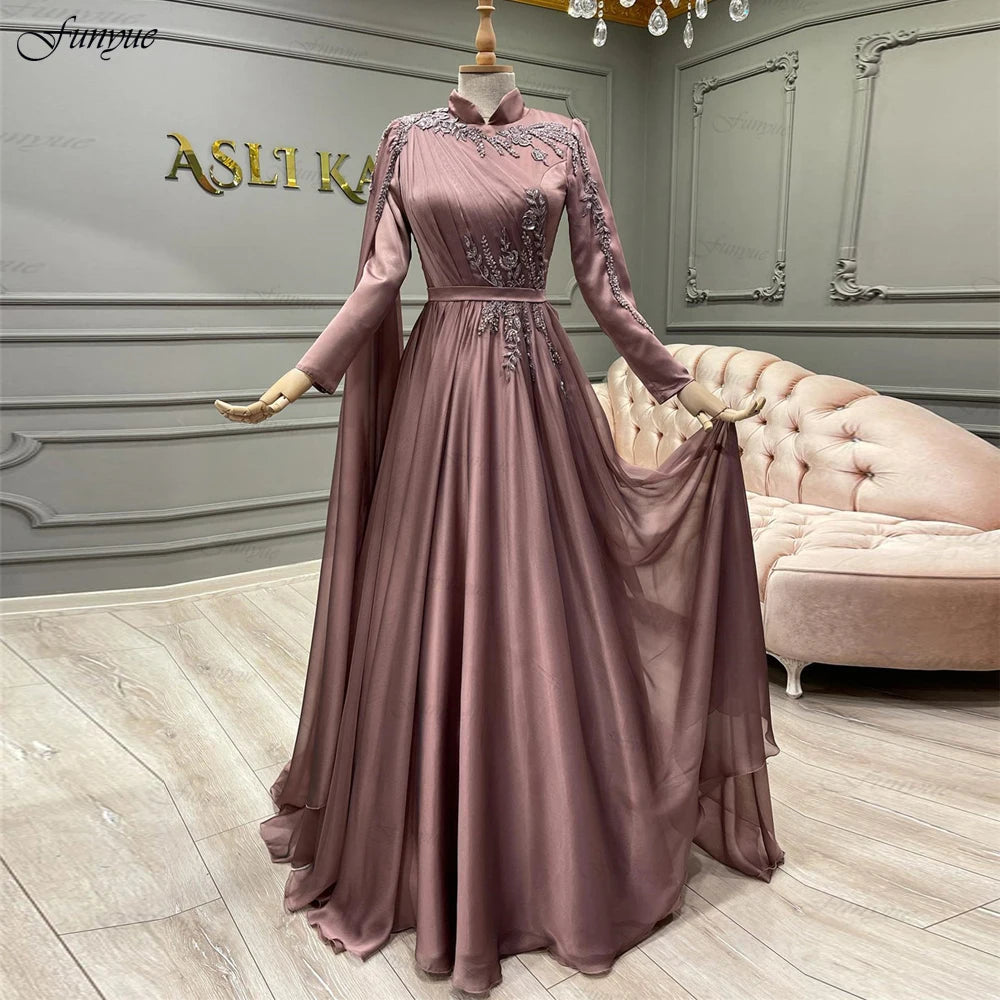 Elegant Arabic Muslim Women Formal Dress Full Sleeves Robes De Soirée A-Line Chiffon High Neck Dubai Caftan Evening Prom Dresses