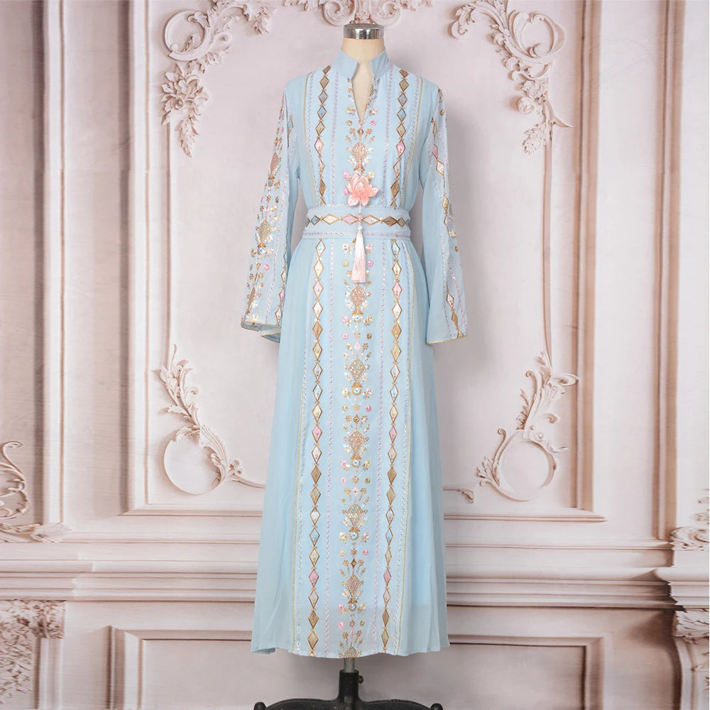Uni Muslim Sequins Embroidery Abaya Belt included Long Sleeve Kaftan Luxury Woman Evening Dress