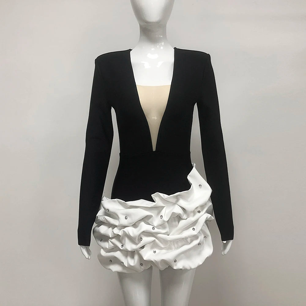 High Quality Black Color Women Long Sleeve Sexy V-Neck Bodycon Mini Bandage Dress Celebrate Evening Party Birthday Dress