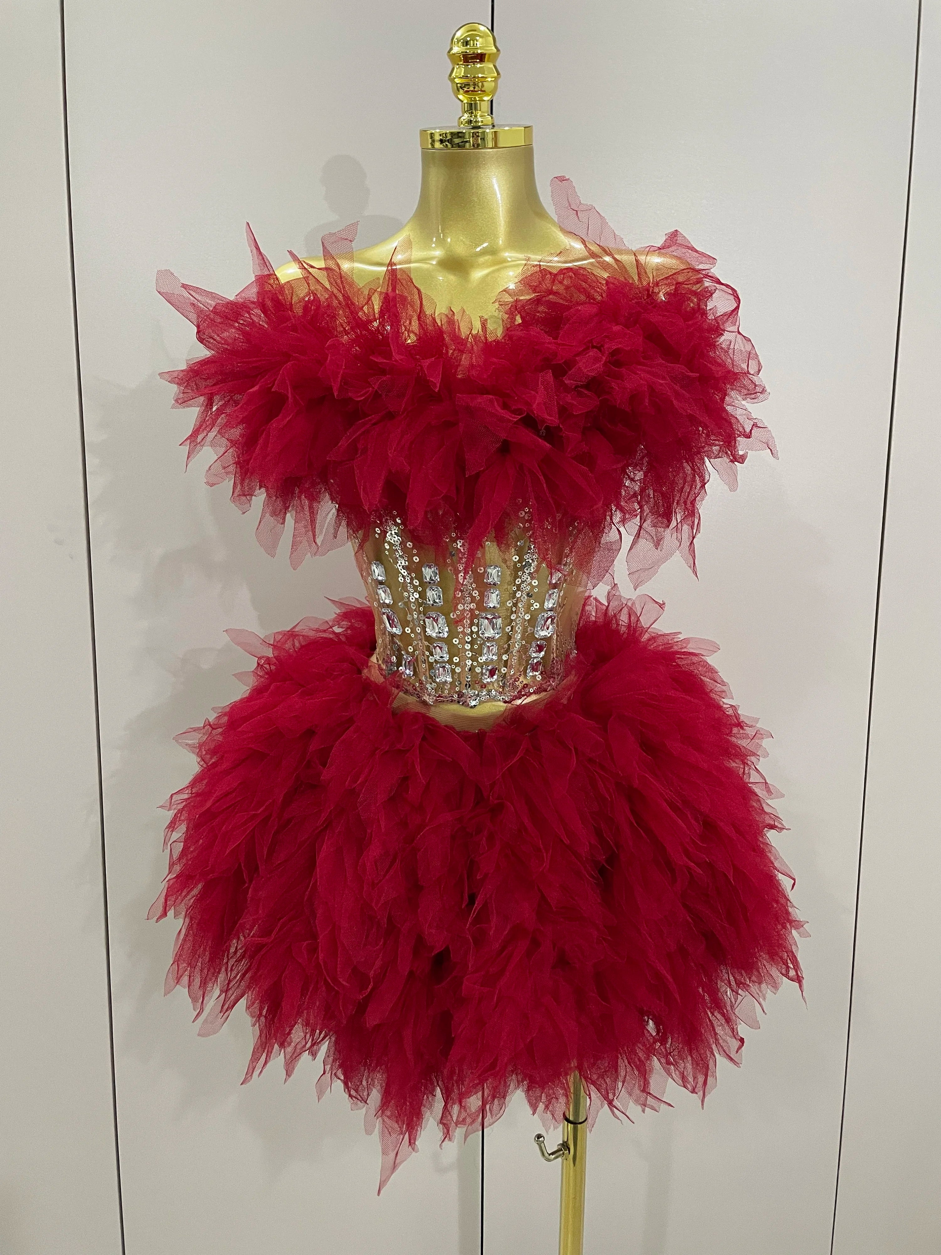 2025Women Sexy Backless Strap Mesh Fluffy Skirt 2 Pieces Diamond Sequins Stage Performance Costume Birthday Party Shooting Dress