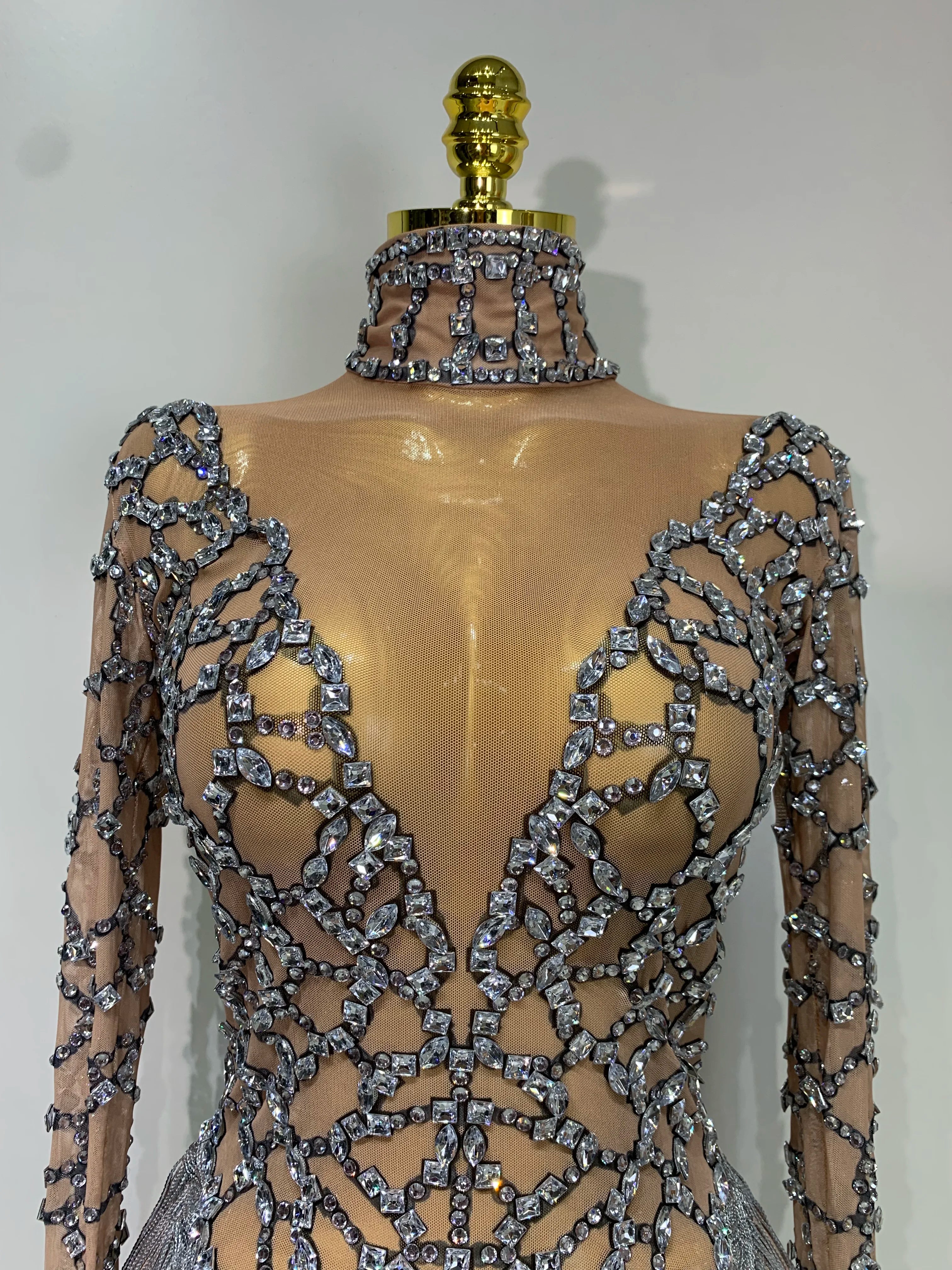 Shining Diamond Tassel Bodysuit Nightclub Stage Tight Mesh Long Sleeved High Quality Nightclub Singer Performance Costume
